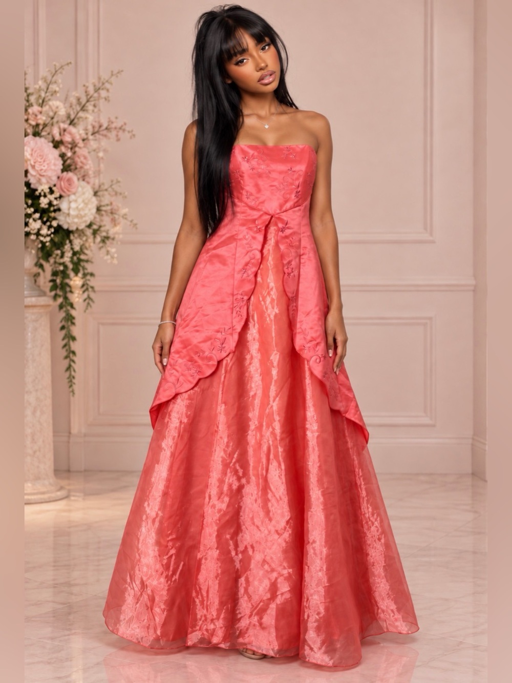 L.A. Glo Coral Pink Strapless Prom Gown Size 3/4
